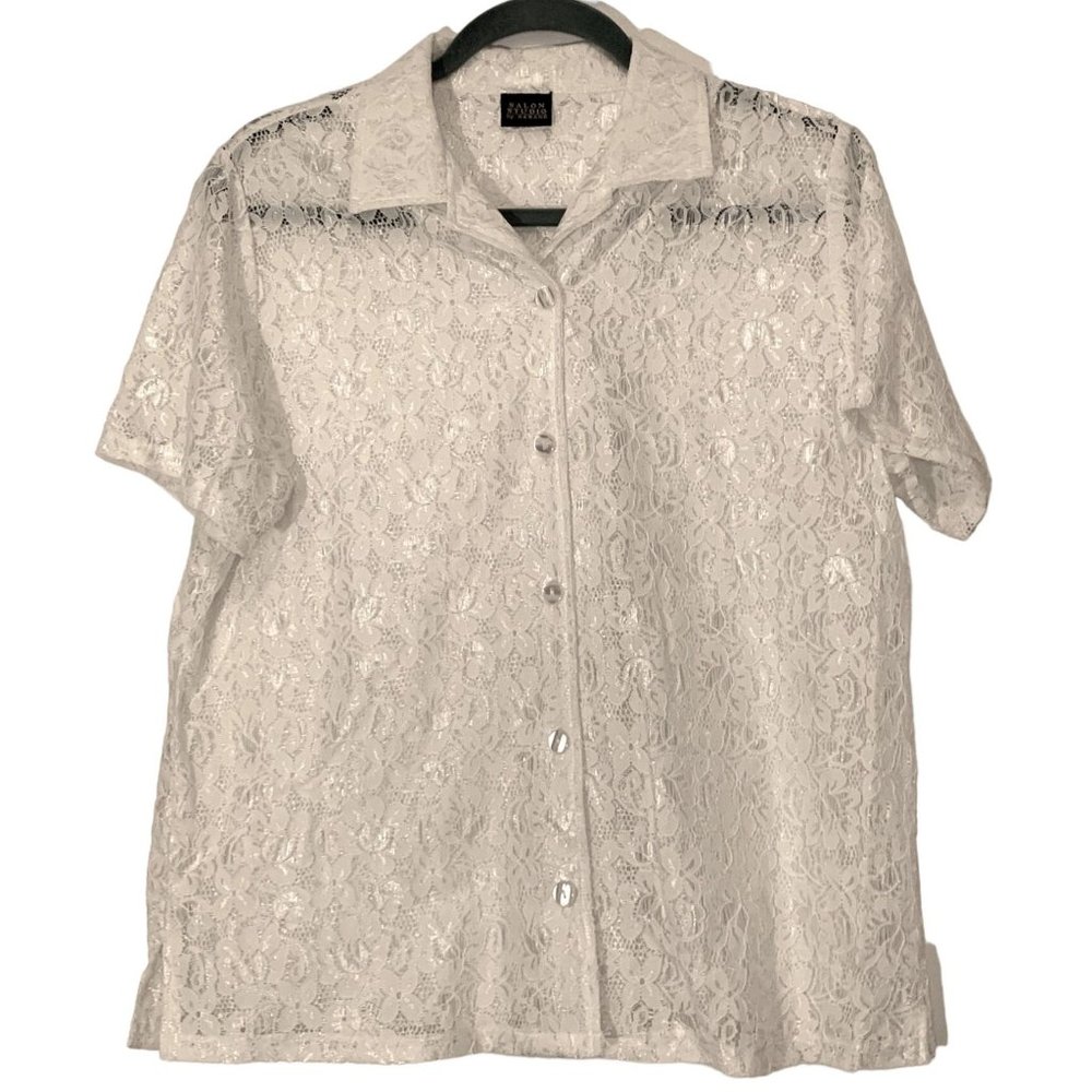 Vintage White Lace Blouse, Button Up, Short Sleeve, Women's Size M